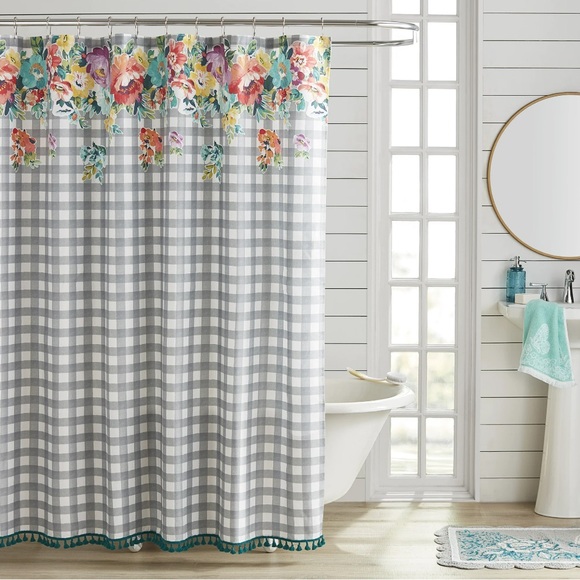 The Pioneer Woman Sweet Romance Gingham Floral Cotton-Rich Shower Curtain NEW - Picture 1 of 6